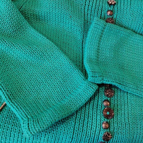 Pure Handknit Green Cardigan Cotton Ornate Buttons Chunky Size M/L - Picture 9 of 11